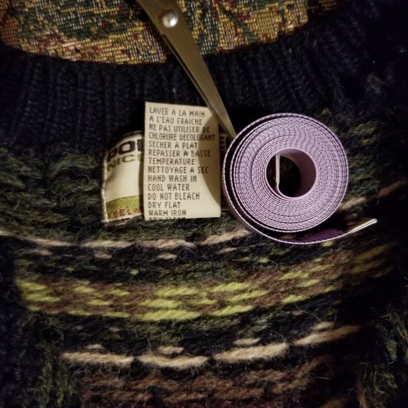 Fair Isle navy-black/beige/green wool cardigan M, (L), Point Zero Nicole Benisti - Picture 8 of 11